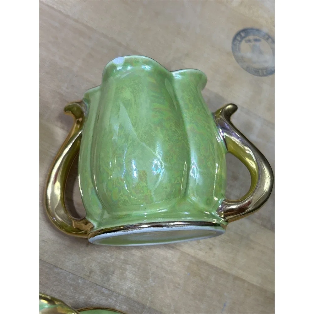 Vintage Pearl China Lime Green Lusterware Tea Set 22K Gold Teapot Creamer Sugar